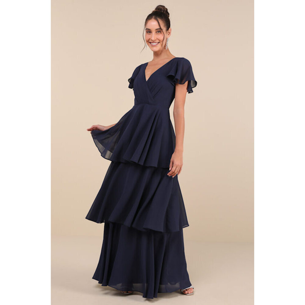 Lulus Sincerely Exquisite Navy Blue Short Sleeve Tiered Maxi Dress - Size XS
